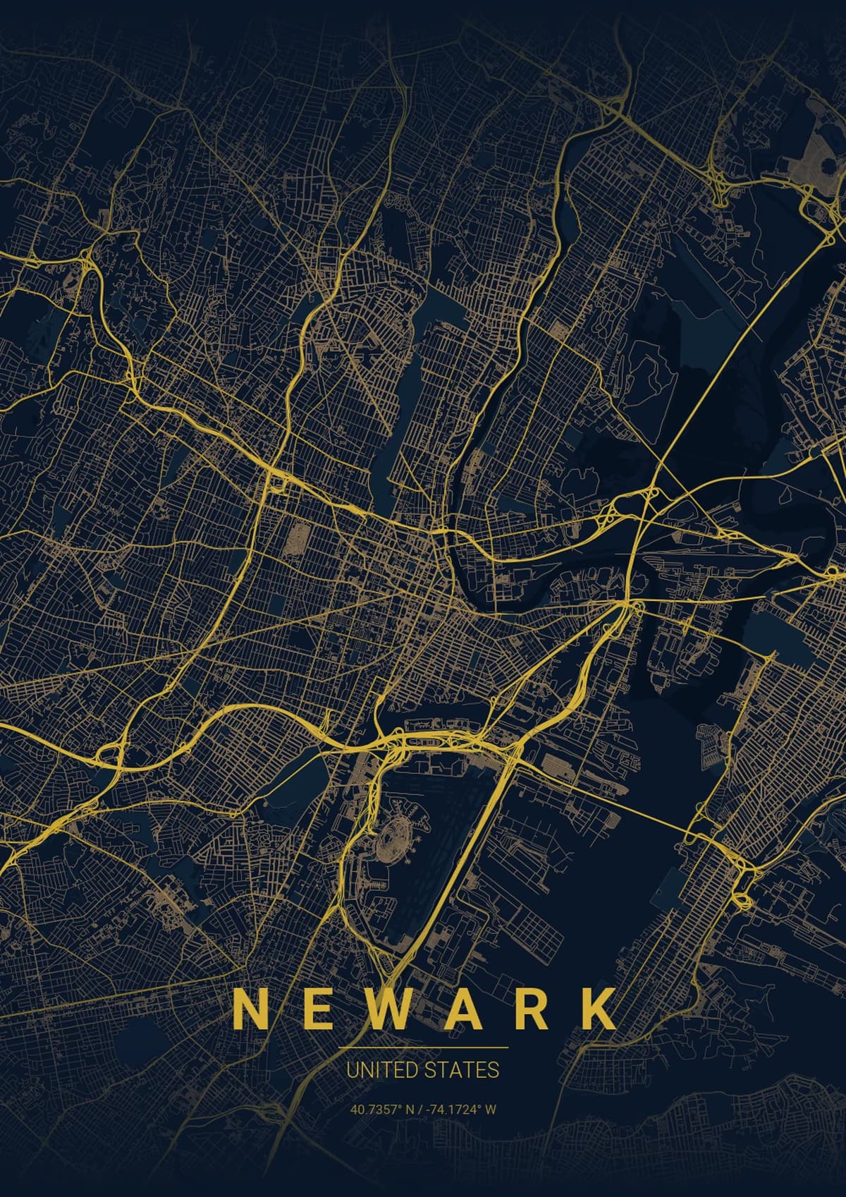 Newark Map Poster - Midnight Blue Style | City Prints Newark Map Poster - Midnight Blue Style