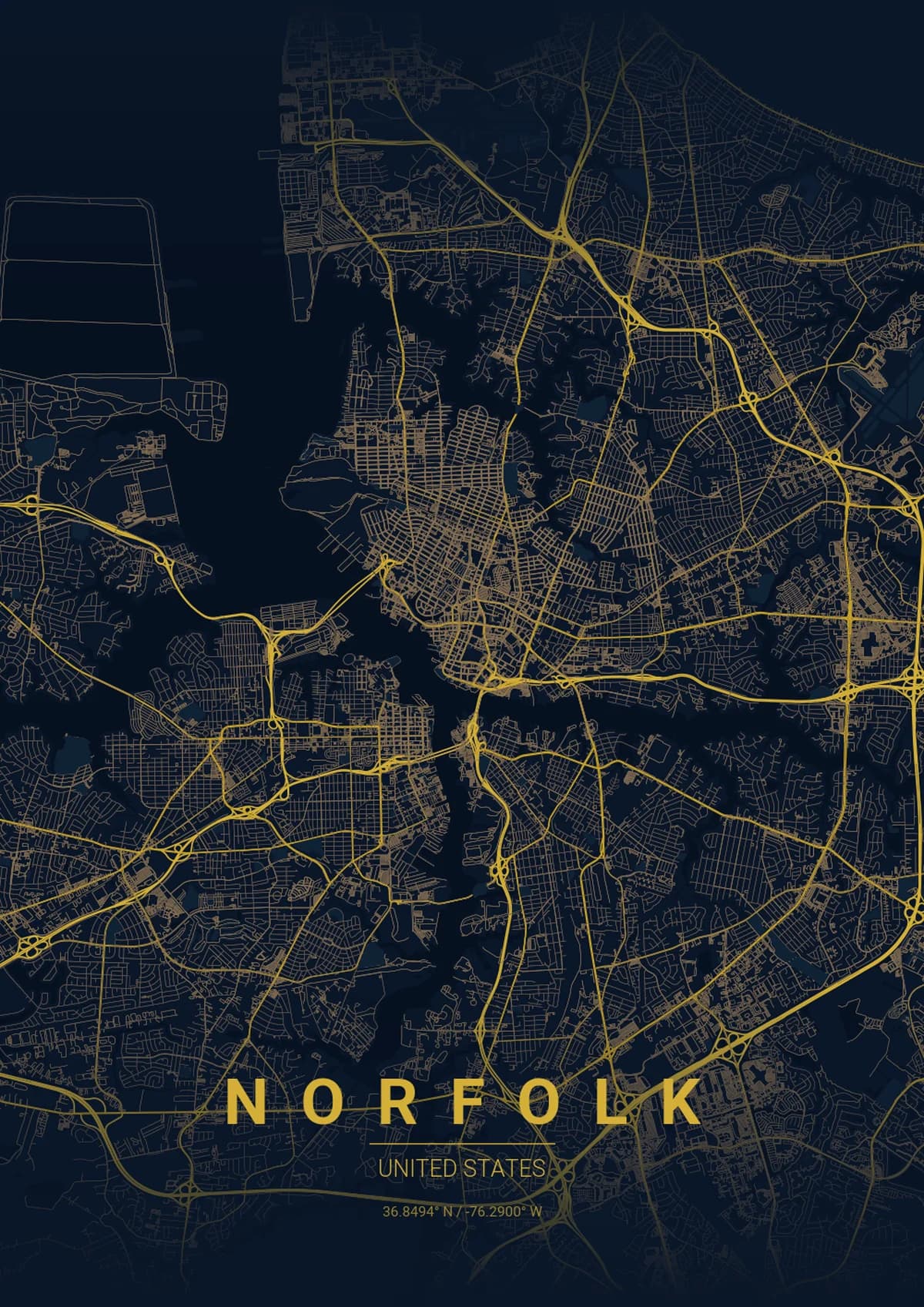 Norfolk Map Poster - Midnight Blue Style | City Prints Norfolk Map Poster - Midnight Blue Style