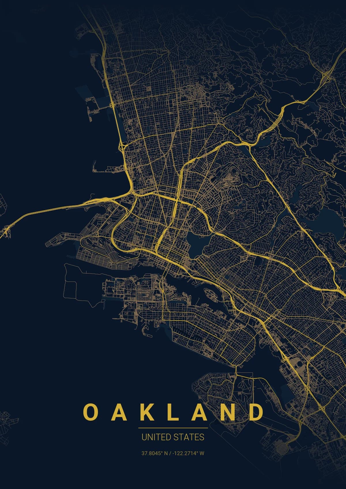 Oakland Map Poster - Midnight Blue Style | City Prints Oakland Map Poster - Midnight Blue Style