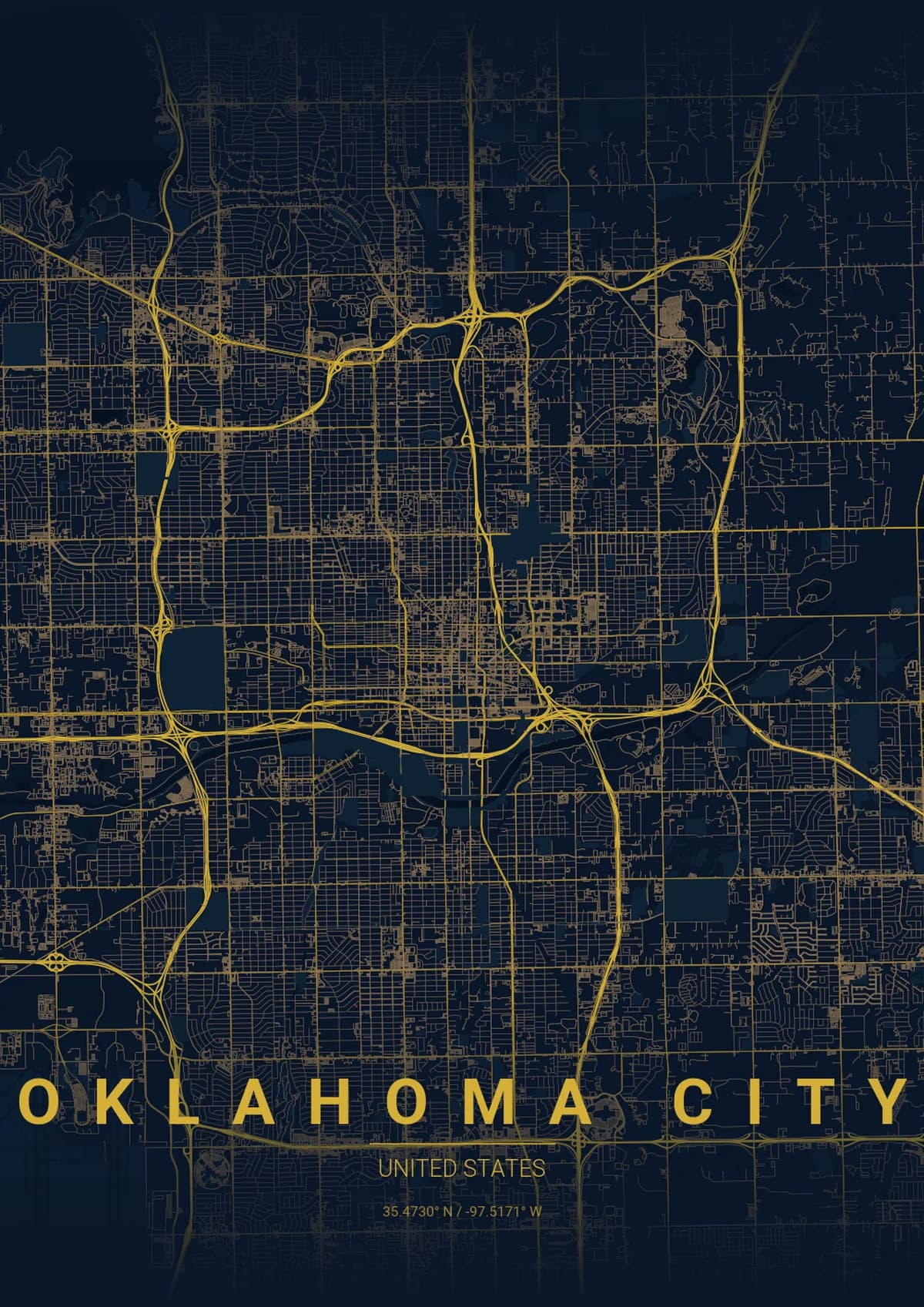 Oklahoma City Map Poster - Midnight Blue Style | City Prints Oklahoma City Map Poster - Midnight Blue Style