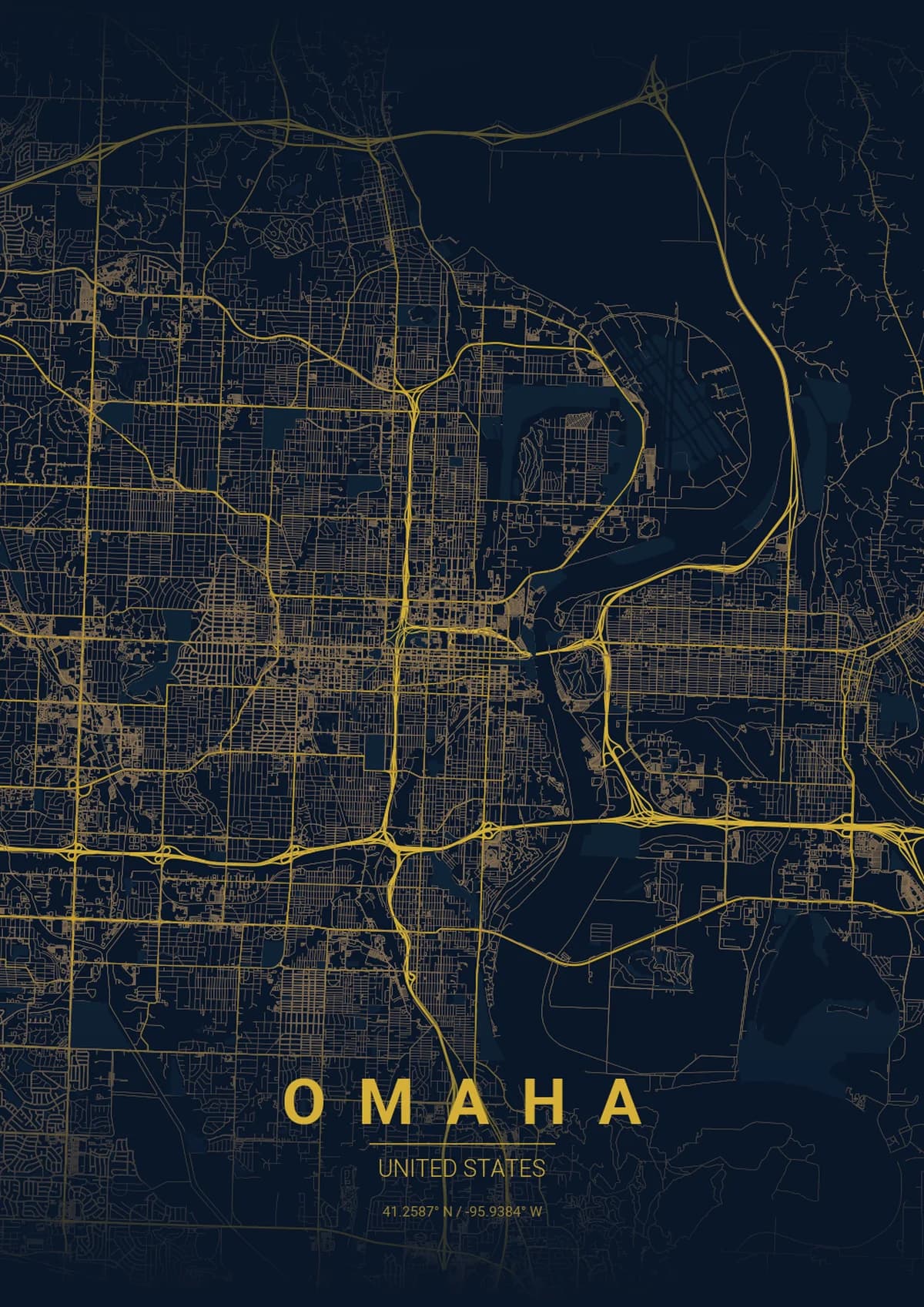 Omaha Map Poster - Midnight Blue Style | City Prints Omaha Map Poster - Midnight Blue Style