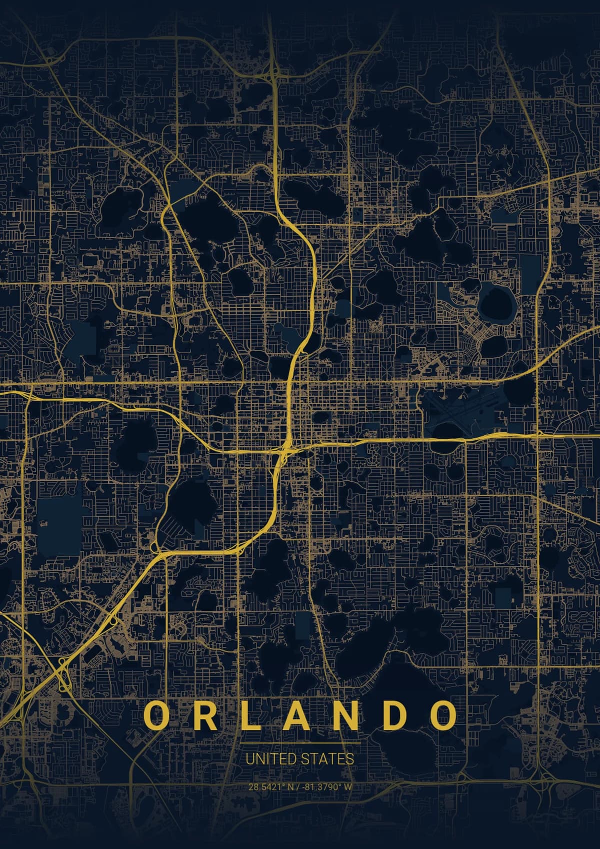 Orlando Map Poster - Midnight Blue Style | City Prints Orlando Map Poster - Midnight Blue Style