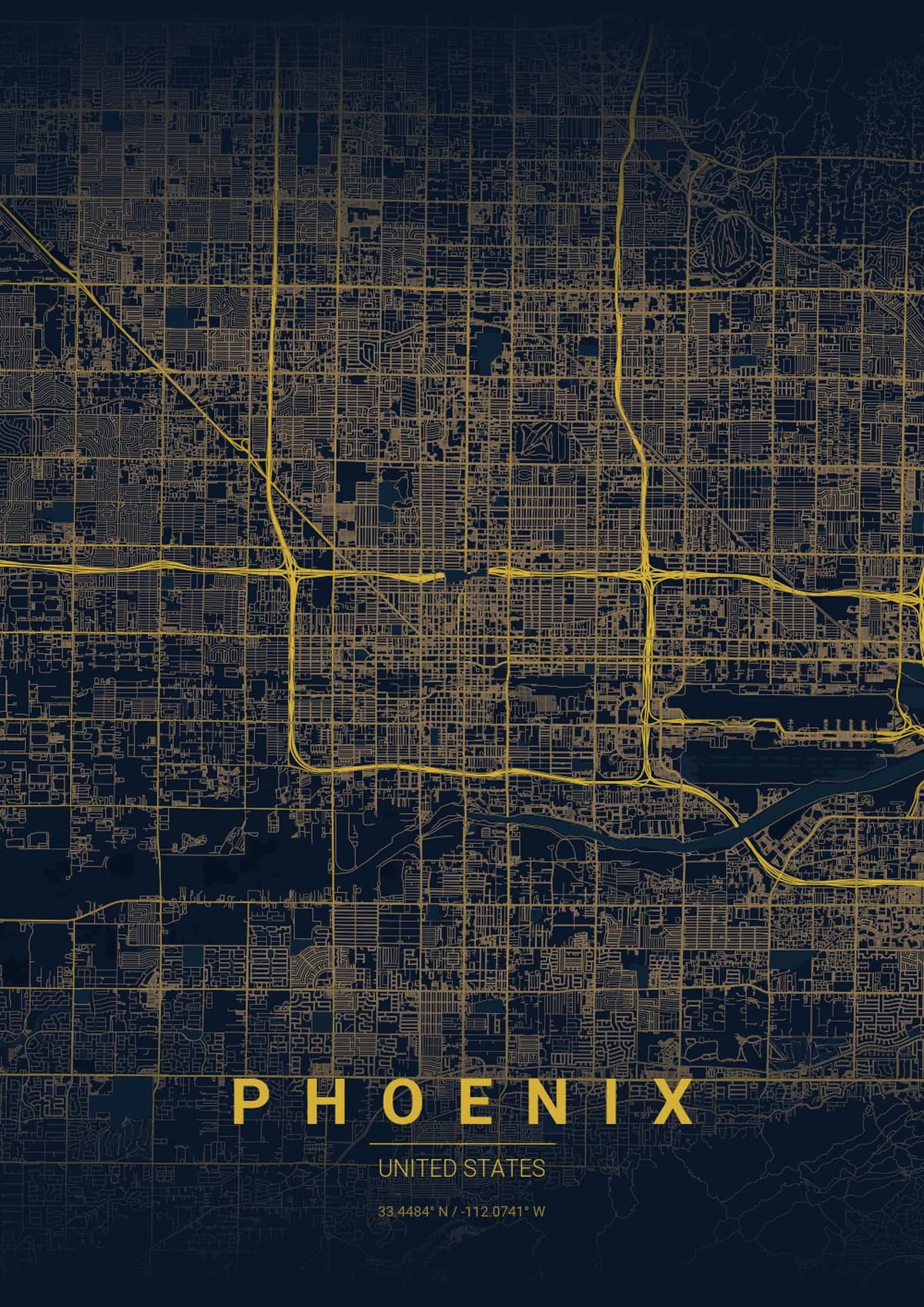 Phoenix Map Poster - Midnight Blue Style | City Prints Phoenix Map Poster - Midnight Blue Style