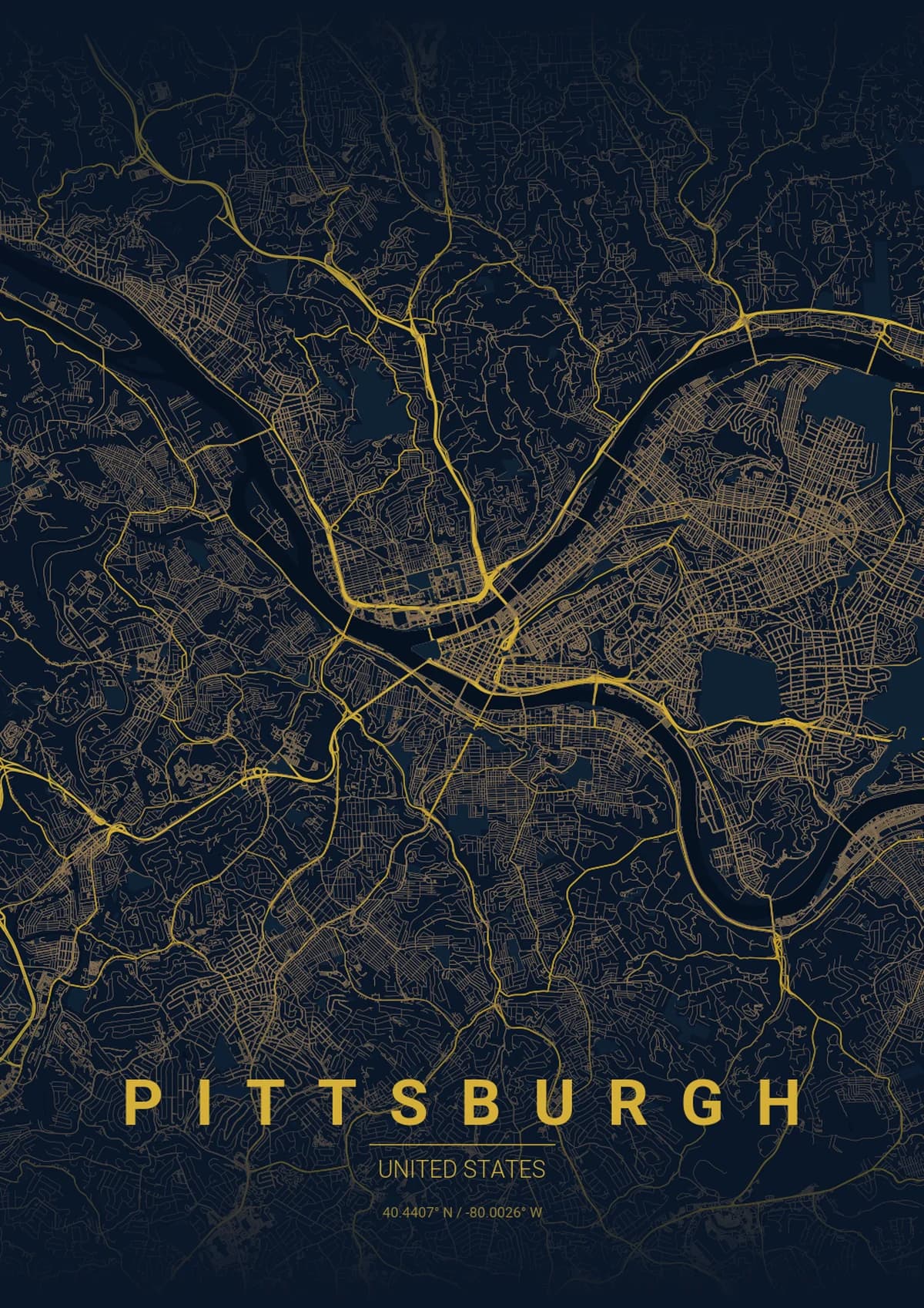 Pittsburgh Map Poster - Midnight Blue Style | City Prints Pittsburgh Map Poster - Midnight Blue Style