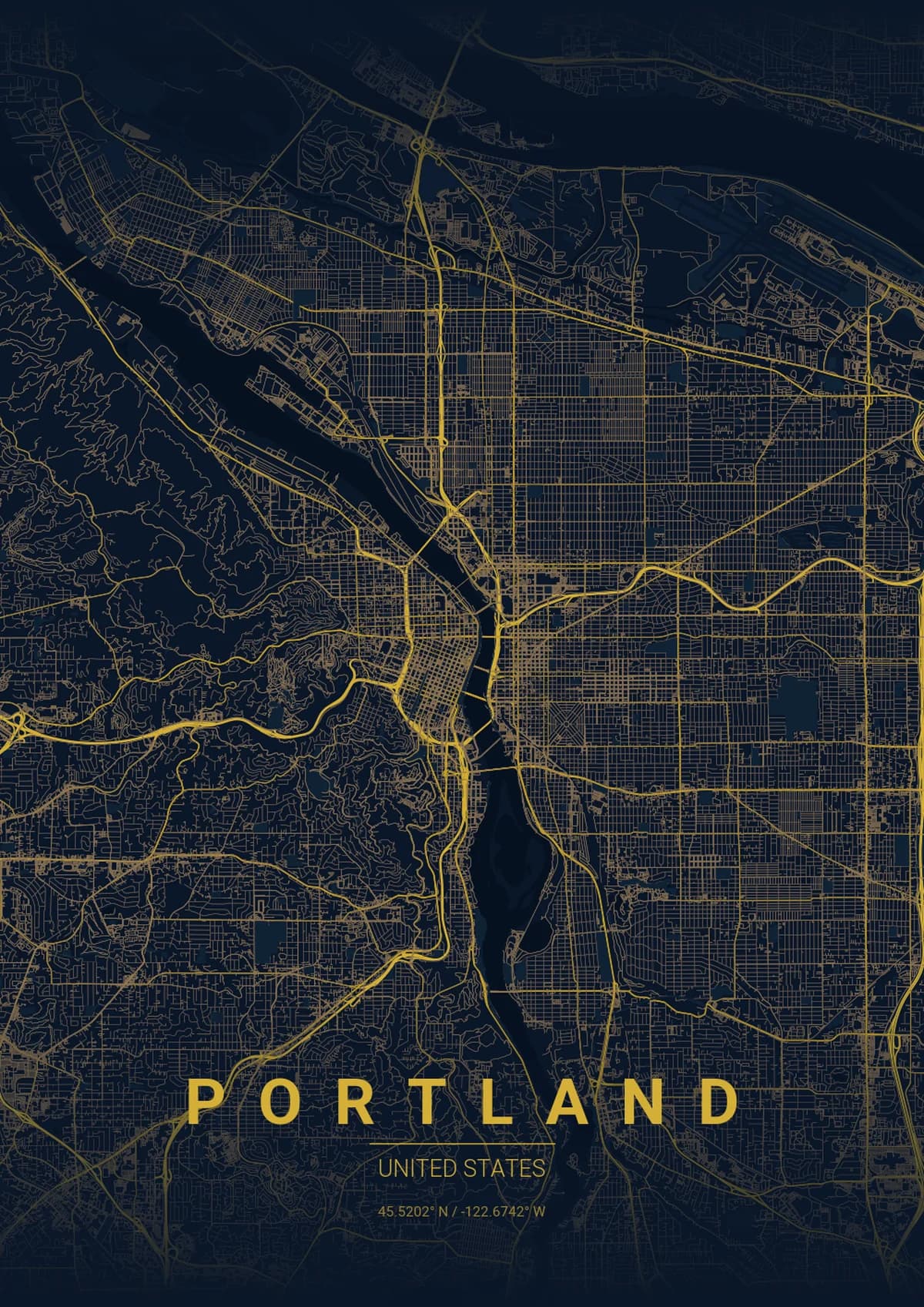 Portland Map Poster - Midnight Blue Style | City Prints Portland Map Poster - Midnight Blue Style
