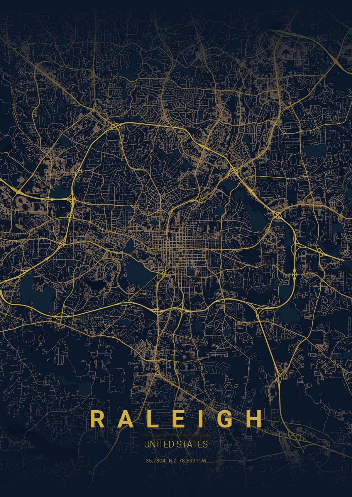 Raleigh Map Poster - Midnight Blue Style | City Prints Raleigh Map Poster - Midnight Blue Style