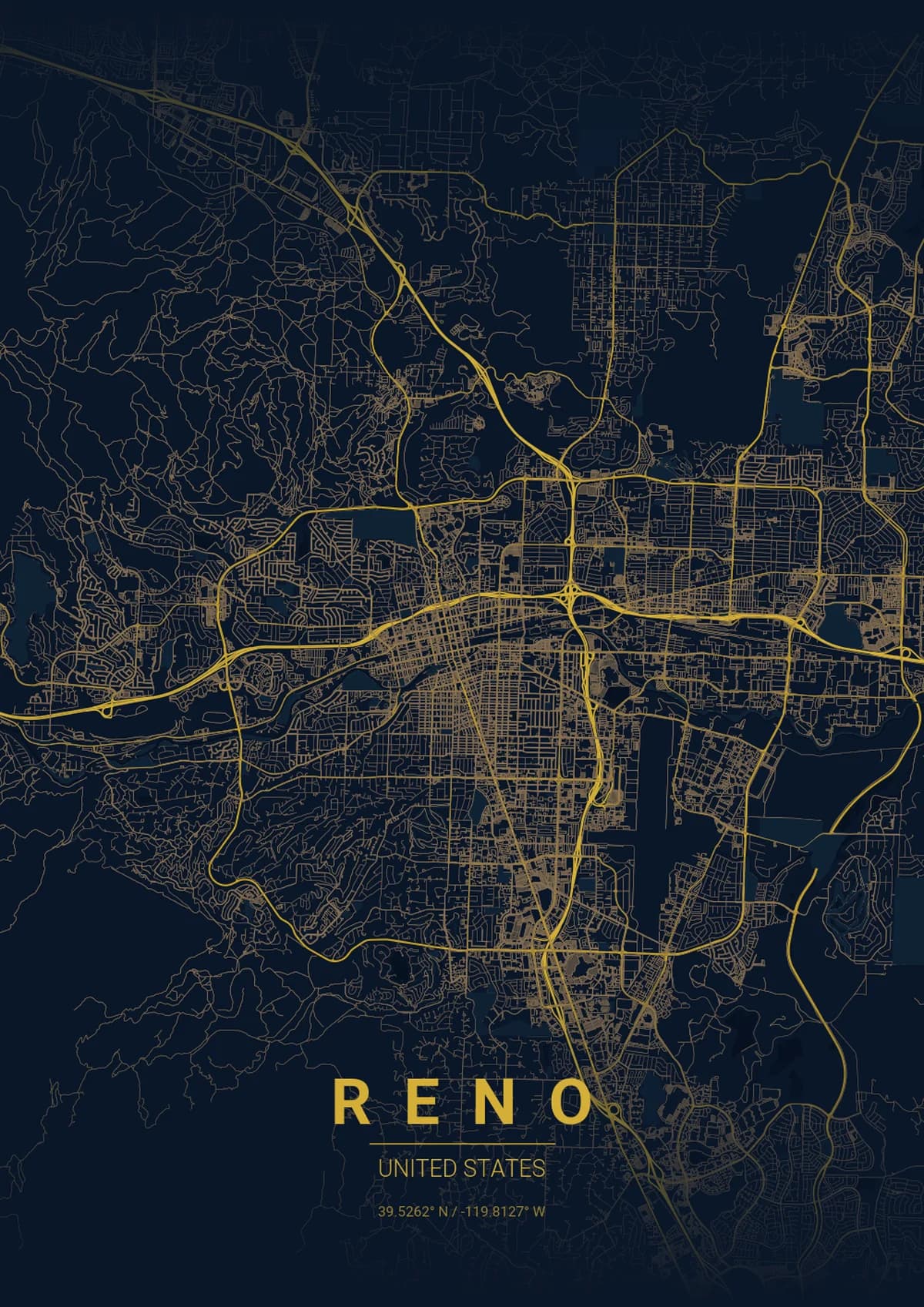 Reno Map Poster - Midnight Blue Style | City Prints Reno Map Poster - Midnight Blue Style