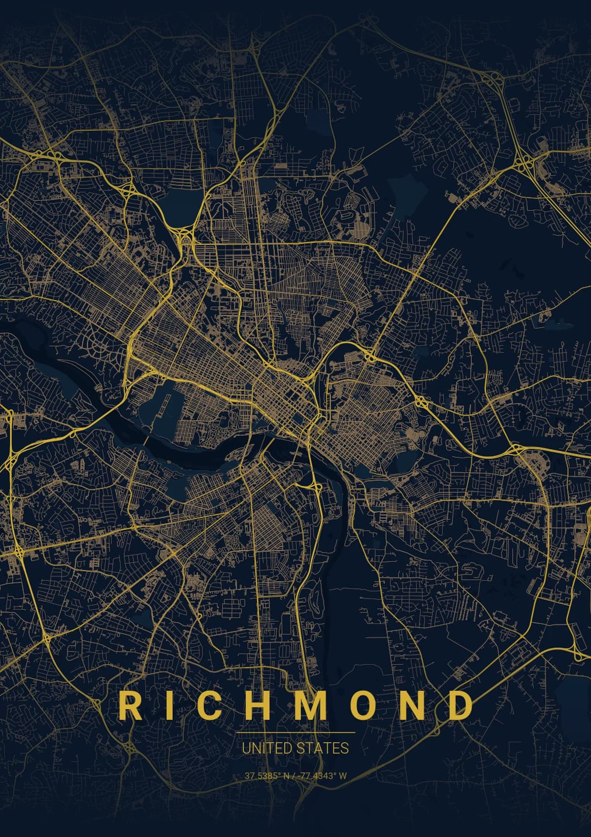 Richmond Map Poster - Midnight Blue Style | City Prints Richmond Map Poster - Midnight Blue Style