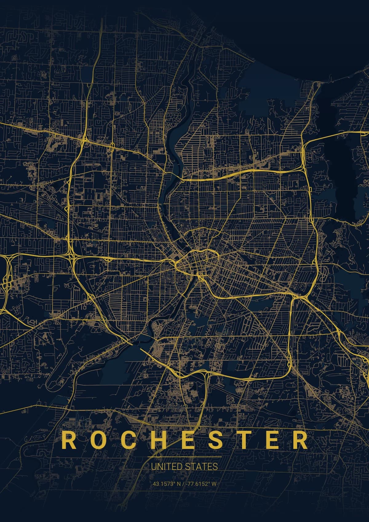 Rochester Map Poster - Midnight Blue Style | City Prints Rochester Map Poster - Midnight Blue Style