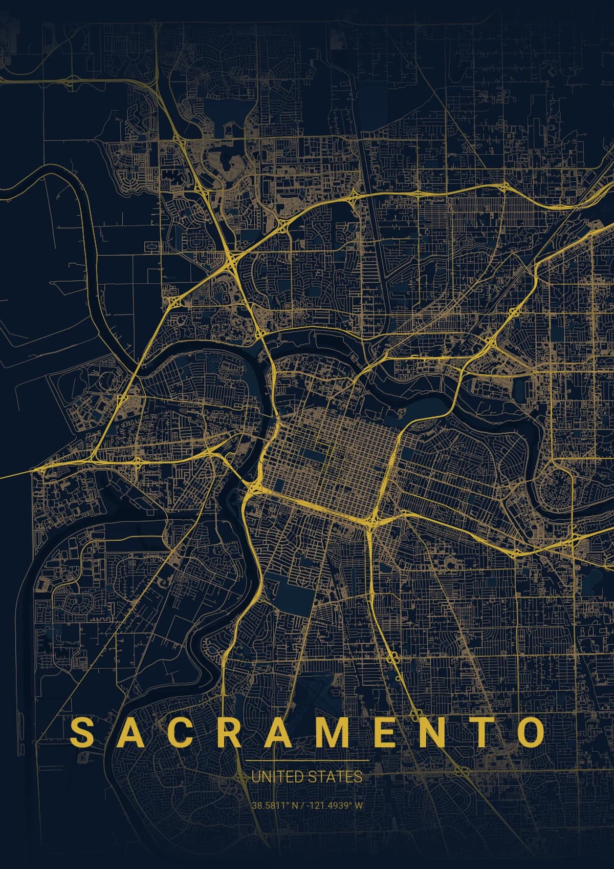 Sacramento Map Poster - Midnight Blue Style | City Prints Sacramento Map Poster - Midnight Blue Style