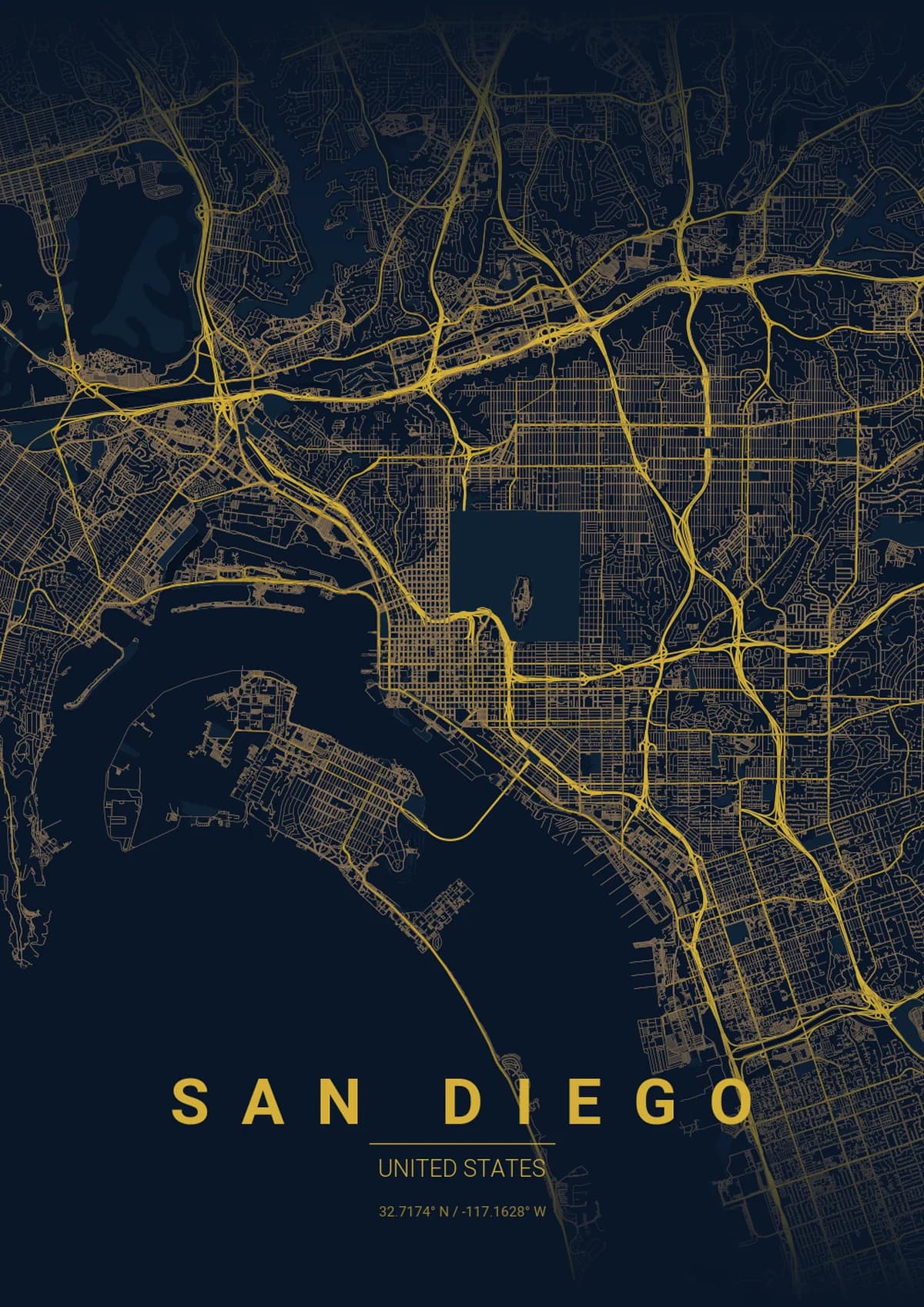 San Diego Map Poster - Midnight Blue Style | City Prints San Diego Map Poster - Midnight Blue Style
