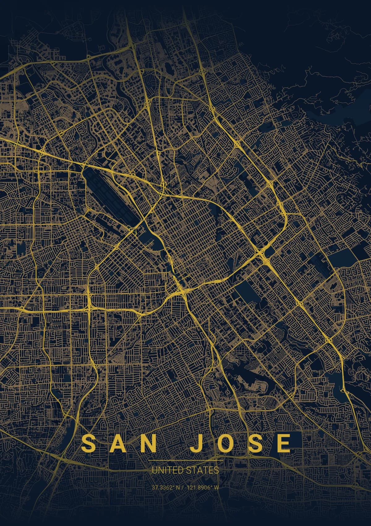 San Jose Map Poster - Midnight Blue Style | City Prints San Jose Map Poster - Midnight Blue Style