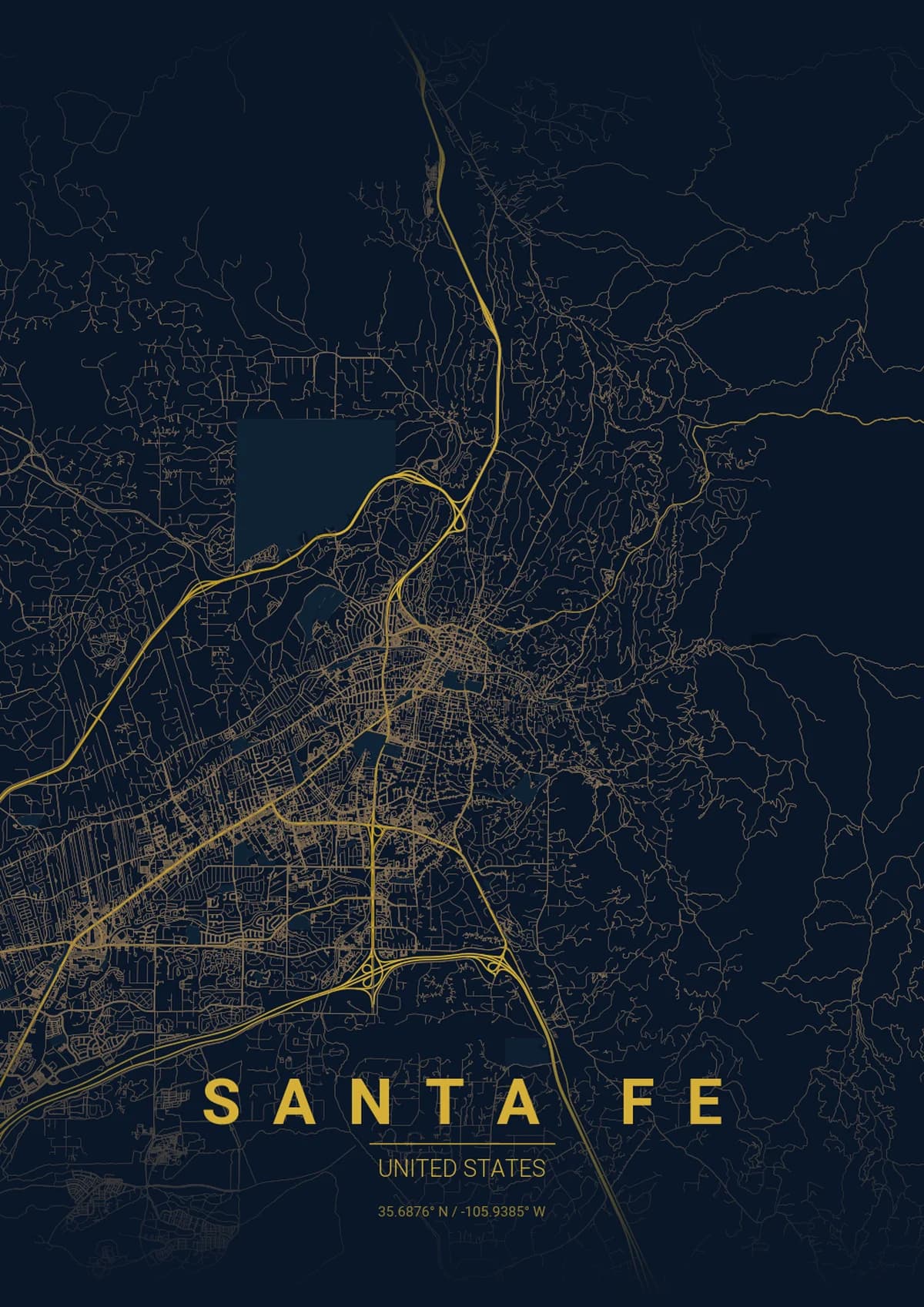 Santa Fe Map Poster - Midnight Blue Style | City Prints Santa Fe Map Poster - Midnight Blue Style