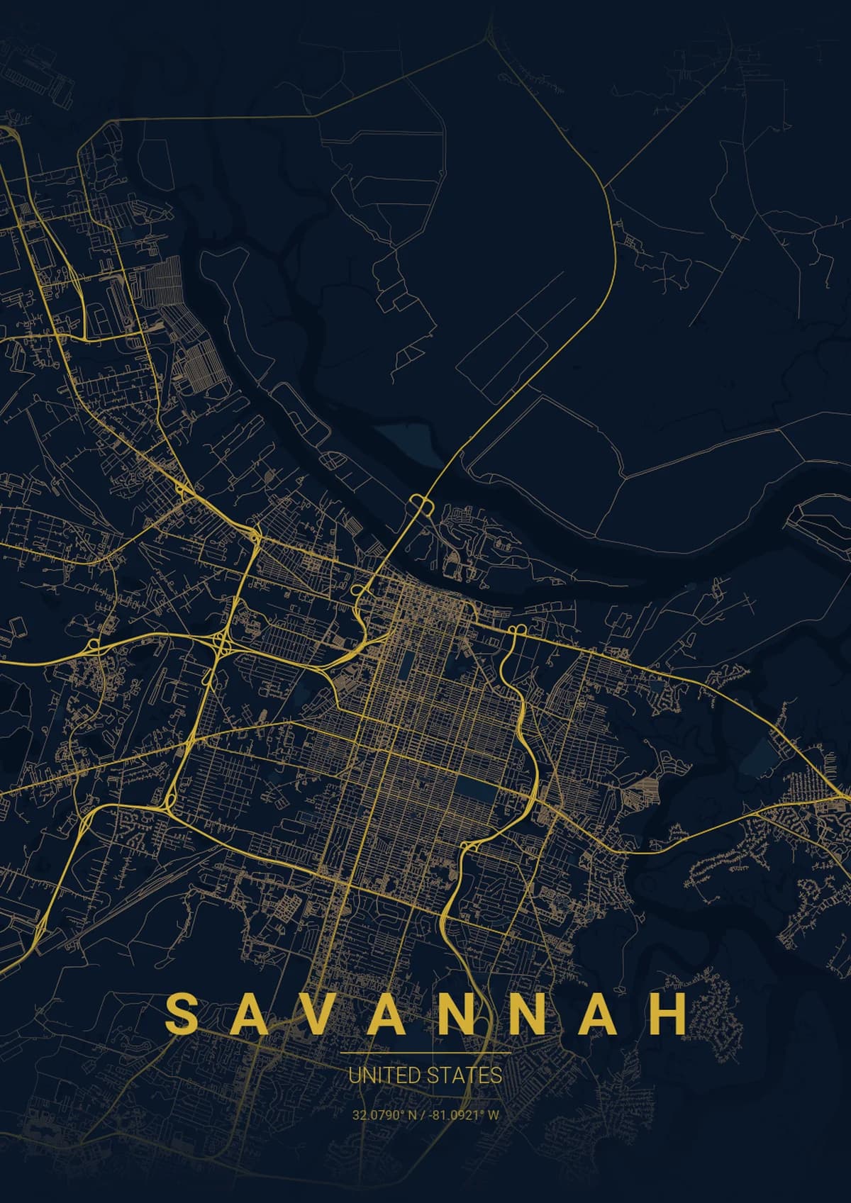 Savannah Map Poster - Midnight Blue Style | City Prints Savannah Map Poster - Midnight Blue Style