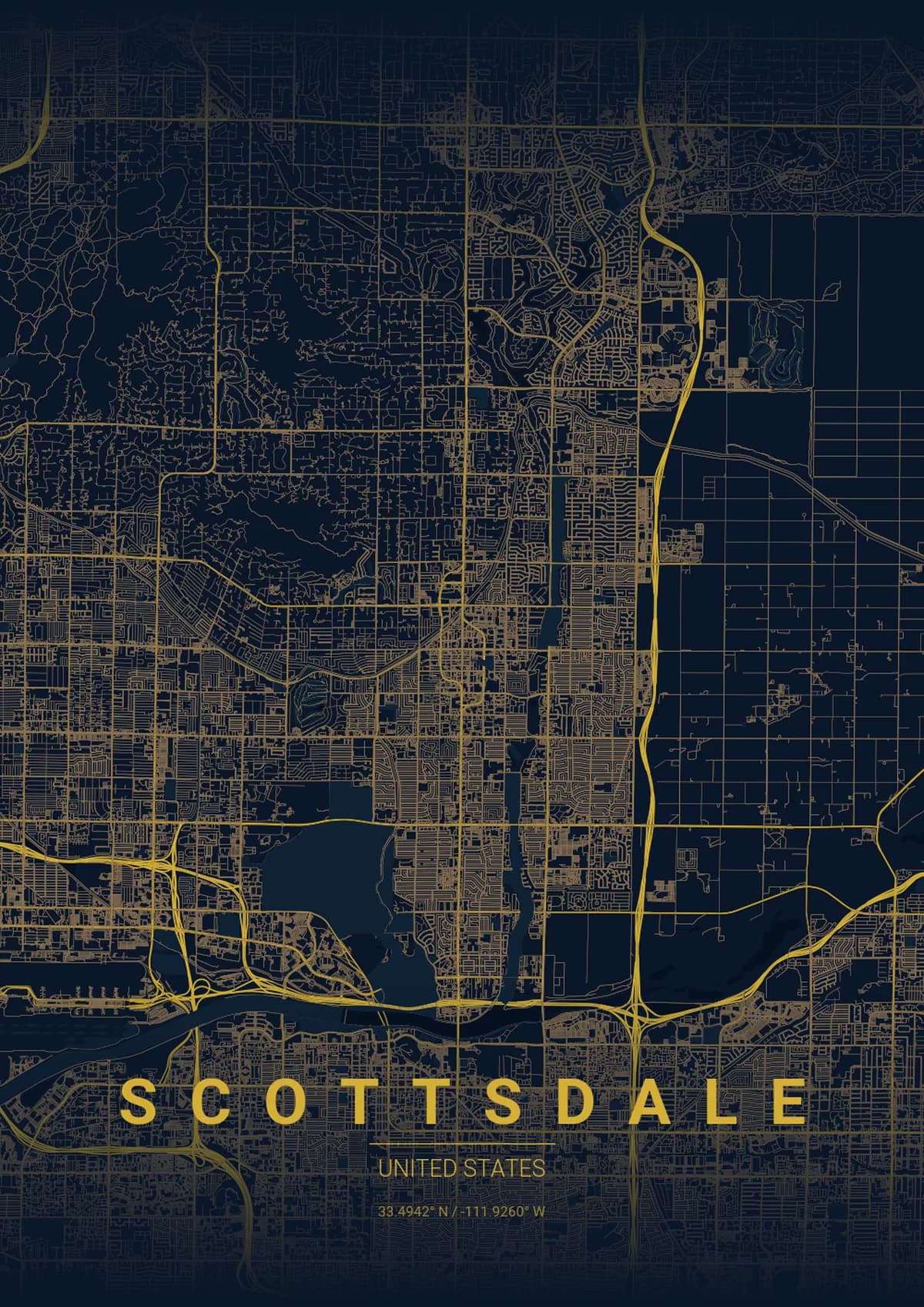 Scottsdale Map Poster - Midnight Blue Style | City Prints Scottsdale Map Poster - Midnight Blue Style