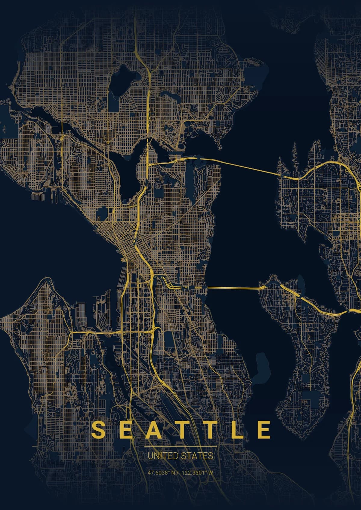 Seattle Map Poster - Midnight Blue Style | City Prints Seattle Map Poster - Midnight Blue Style
