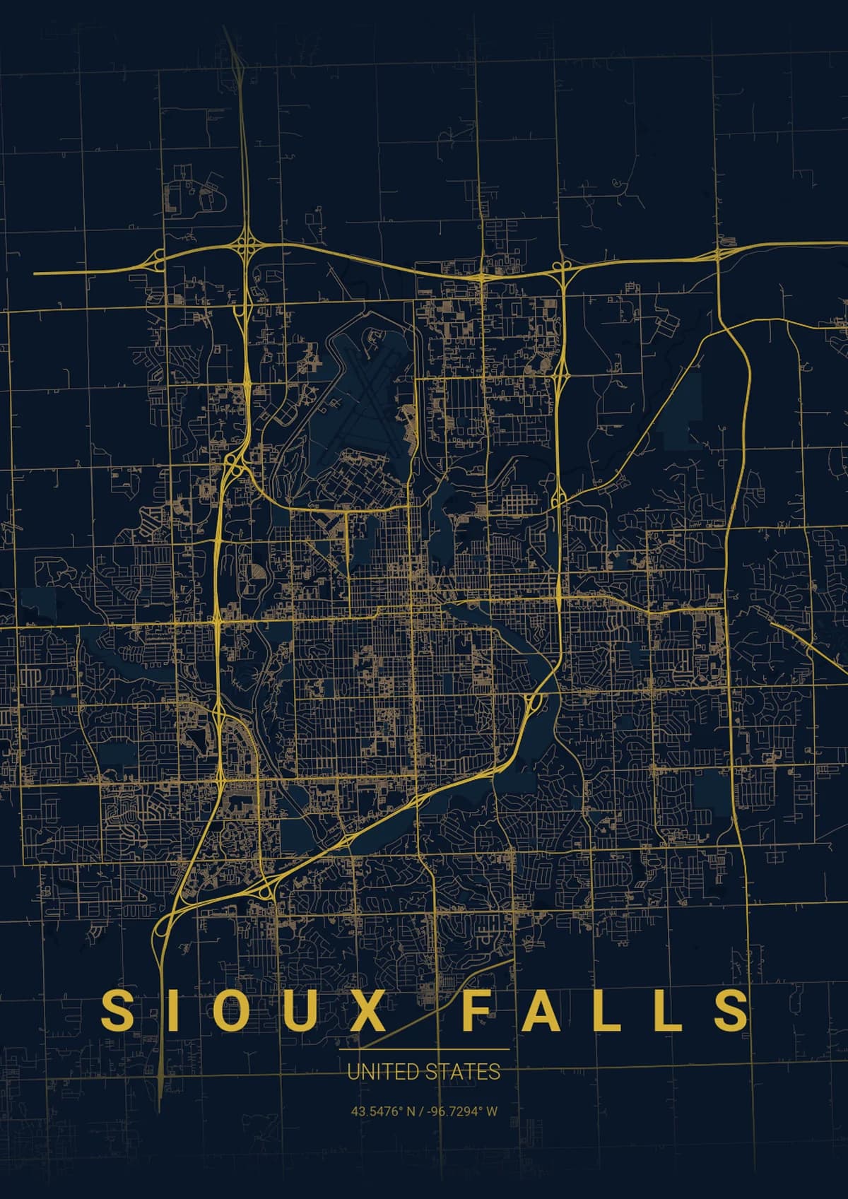 Sioux Falls Map Poster - Midnight Blue Style | City Prints Sioux Falls Map Poster - Midnight Blue Style