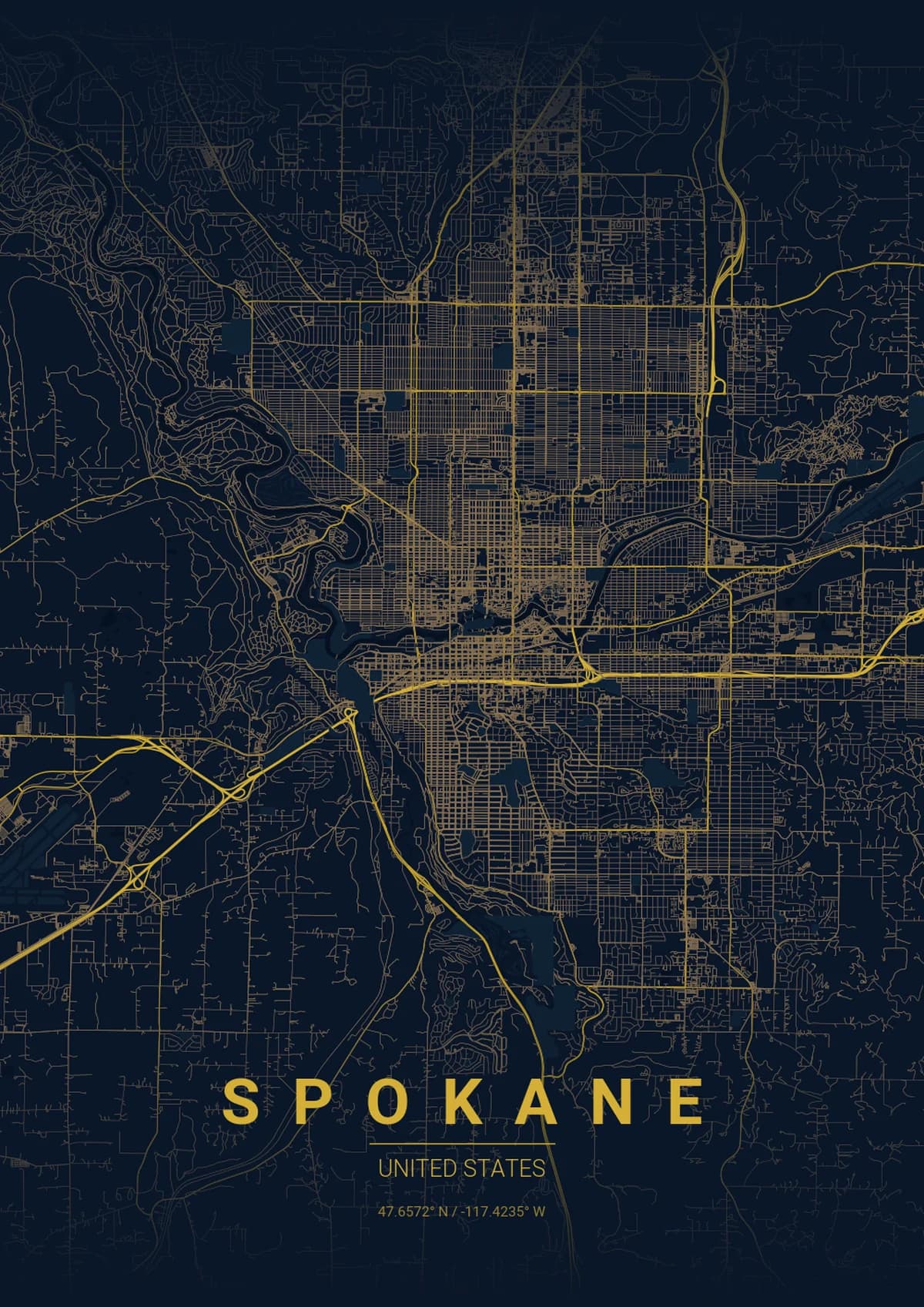 Spokane Map Poster - Midnight Blue Style | City Prints Spokane Map Poster - Midnight Blue Style