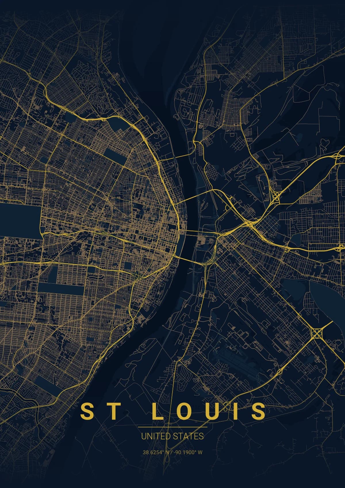 St Louis Map Poster - Midnight Blue Style | City Prints St Louis Map Poster - Midnight Blue Style