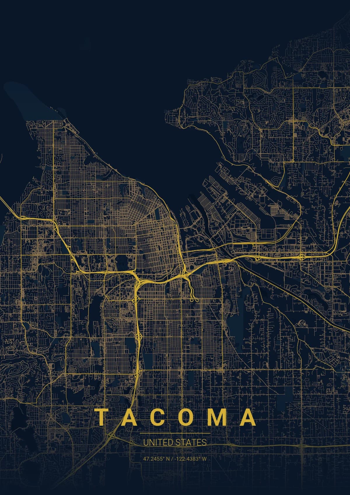Tacoma Map Poster - Midnight Blue Style | City Prints Tacoma Map Poster - Midnight Blue Style