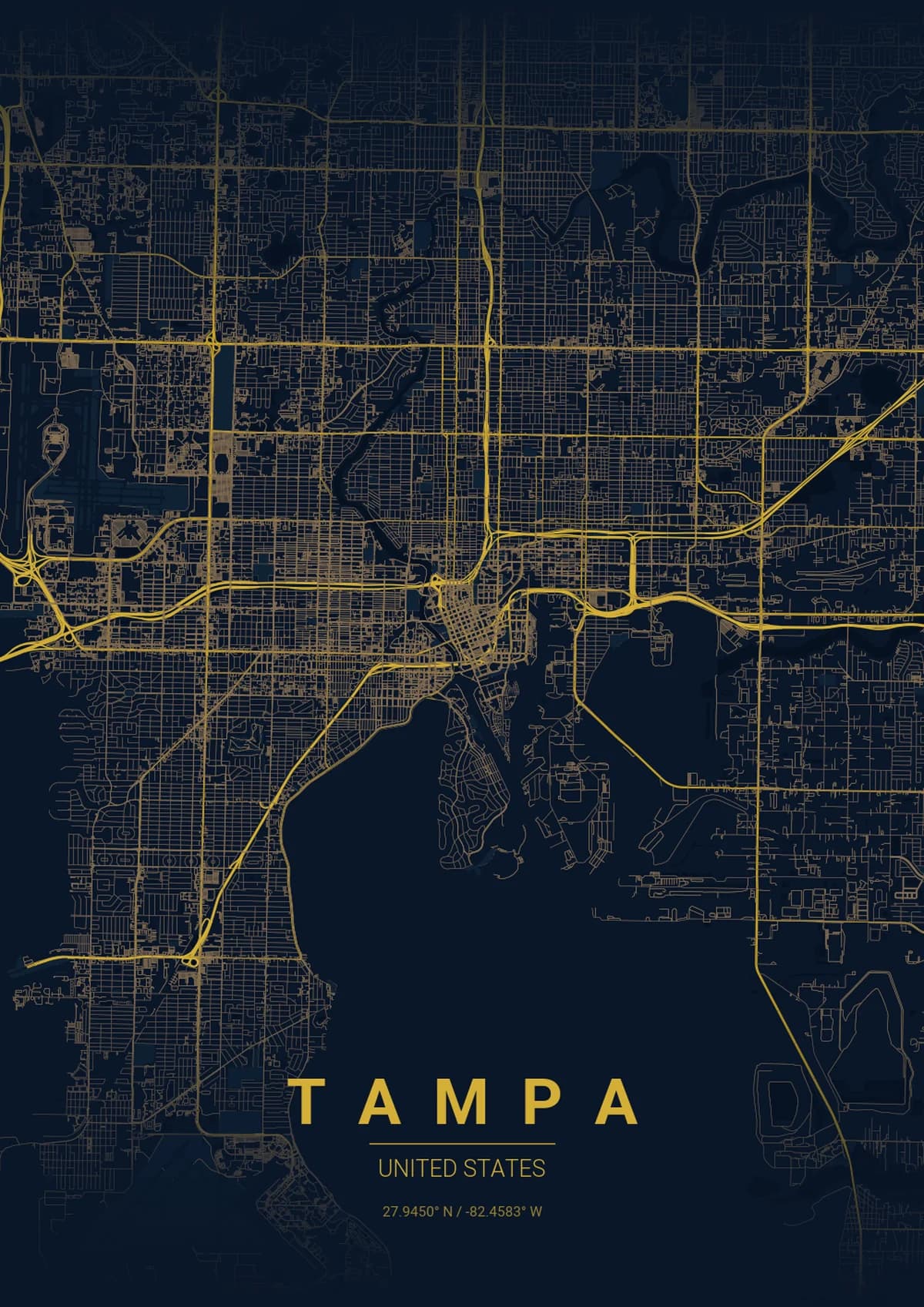 Tampa Map Poster - Midnight Blue Style | City Prints Tampa Map Poster - Midnight Blue Style