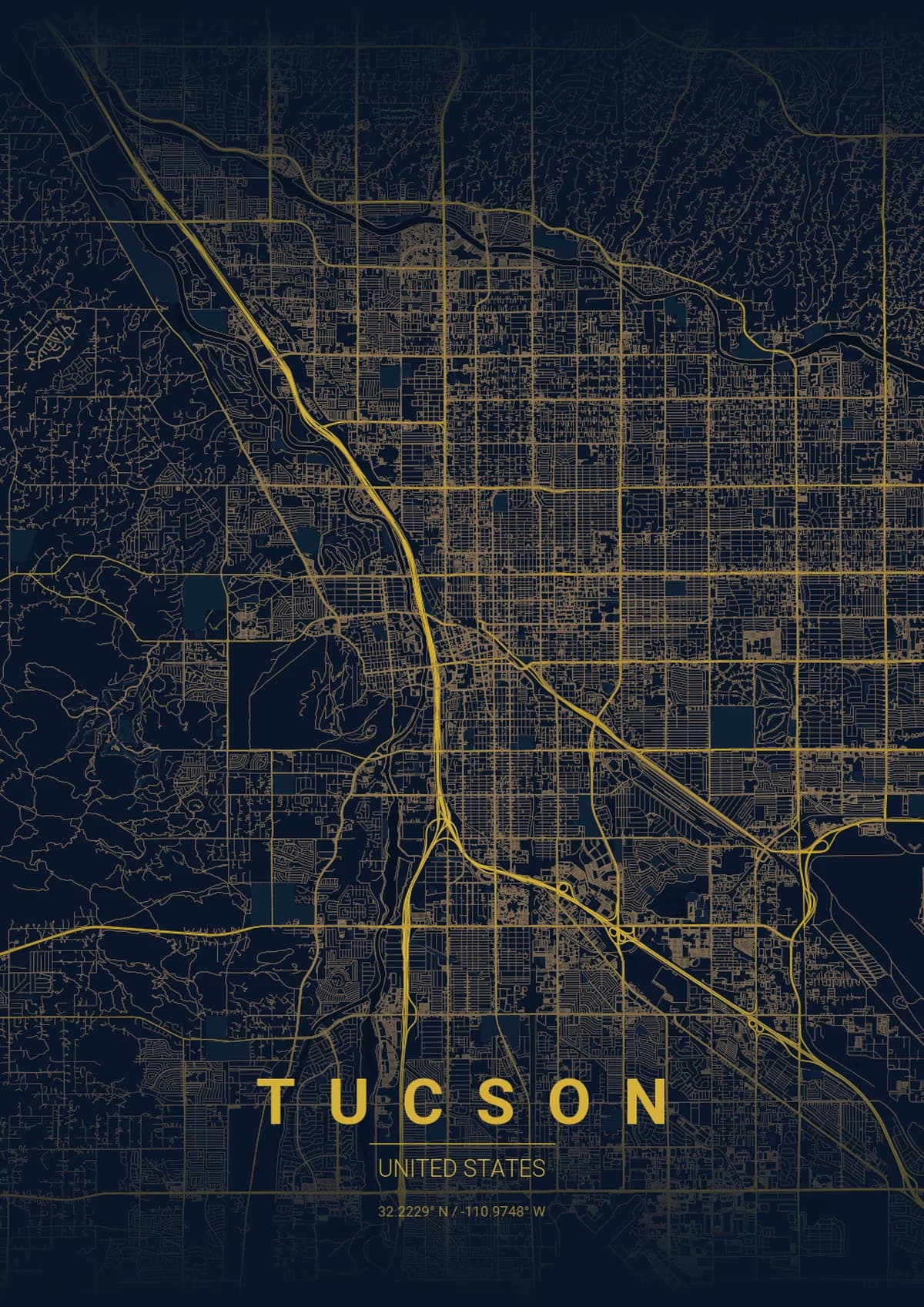 Tucson Map Poster - Midnight Blue Style | City Prints Tucson Map Poster - Midnight Blue Style