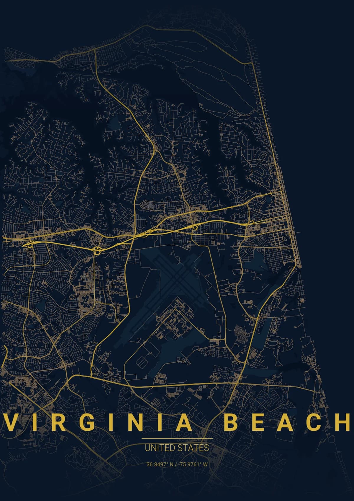 Virginia Beach Map Poster - Midnight Blue Style | City Prints Virginia Beach Map Poster - Midnight Blue Style