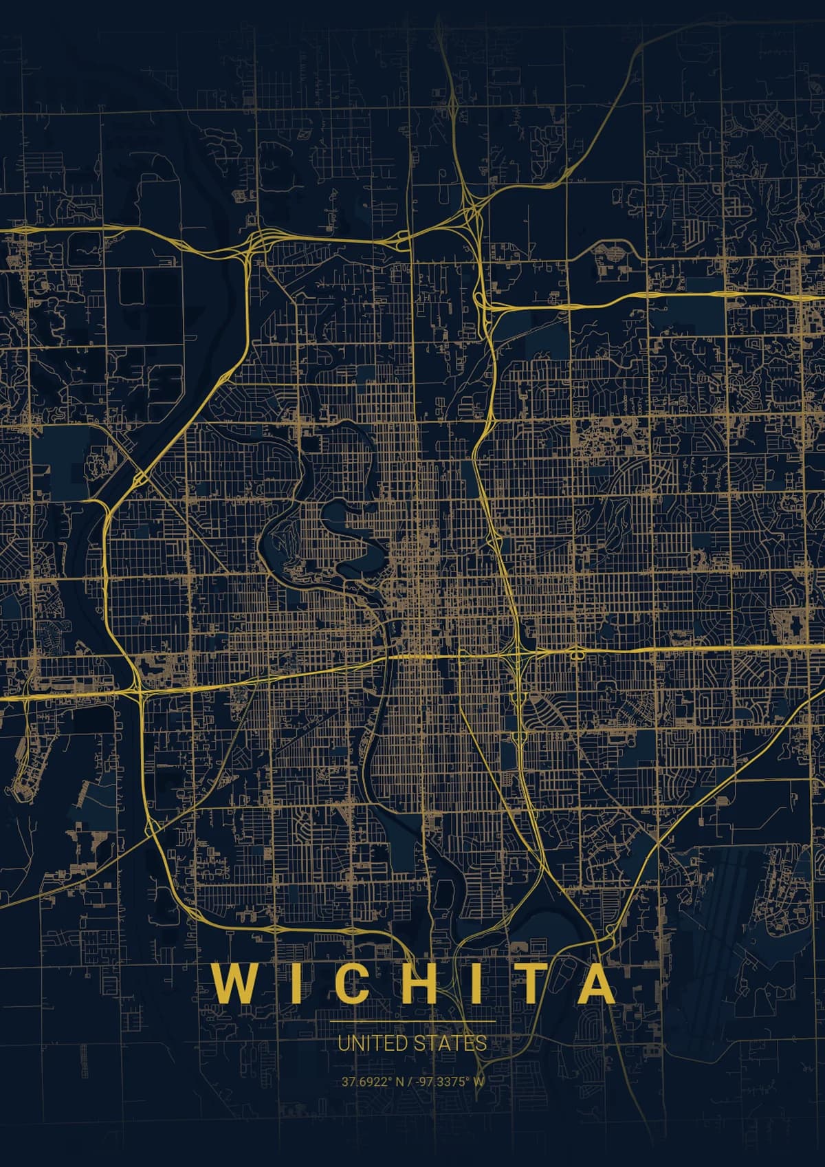 Wichita Map Poster - Midnight Blue Style | City Prints Wichita Map Poster - Midnight Blue Style