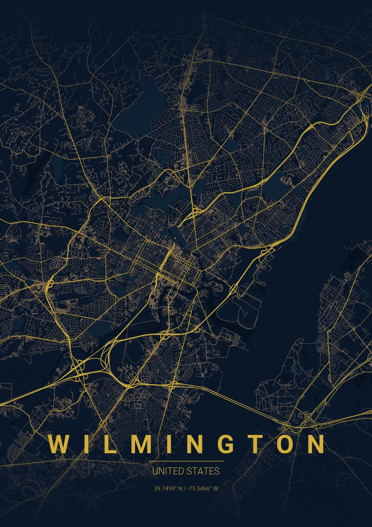 Wilmington Map Poster - Midnight Blue Style | City Prints Wilmington Map Poster - Midnight Blue Style